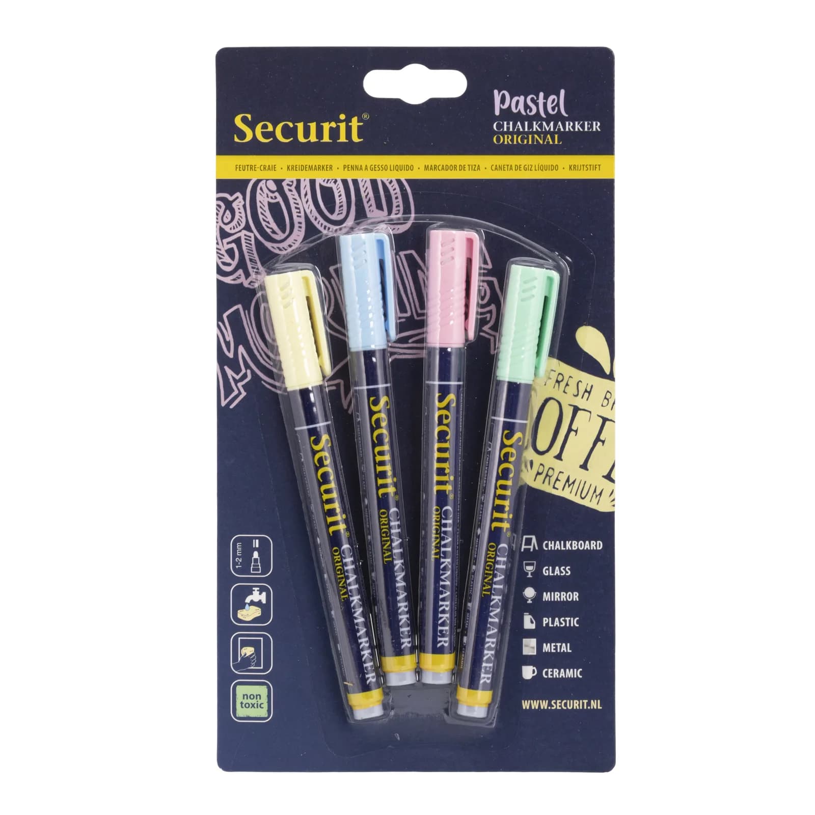 Securit® Lot de 4 Feutres-craie à encre liquide - Jaune, Bleu, Lilas, Vert - Taille de mine 1-2mm obus