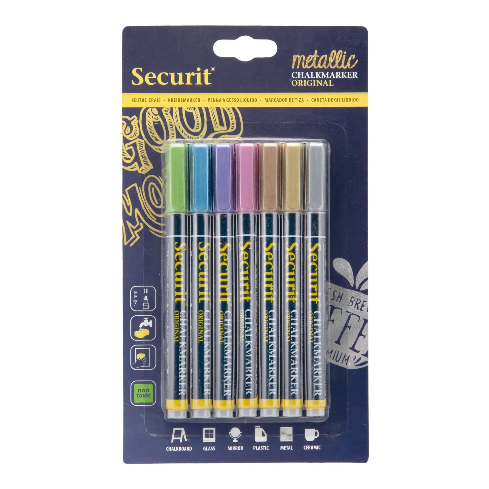 Securit® Lot de 7 Feutres-craie à encre liquide - Vert, Bleu, Violet, Rose, Bronze, Doré, Argenté - Taille de mine 1-2m