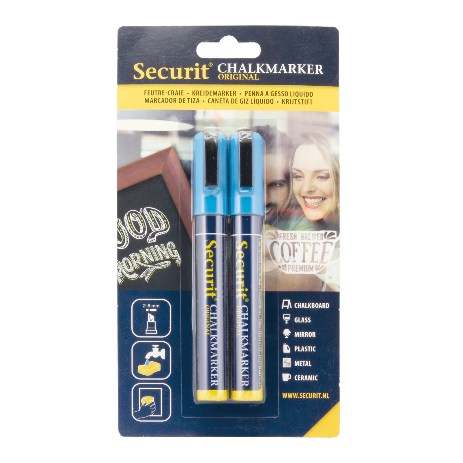 Securit® Lot de 2 Feutres-craie à encre liquide - Bleu -Taille de mine 2-6mm biseautée