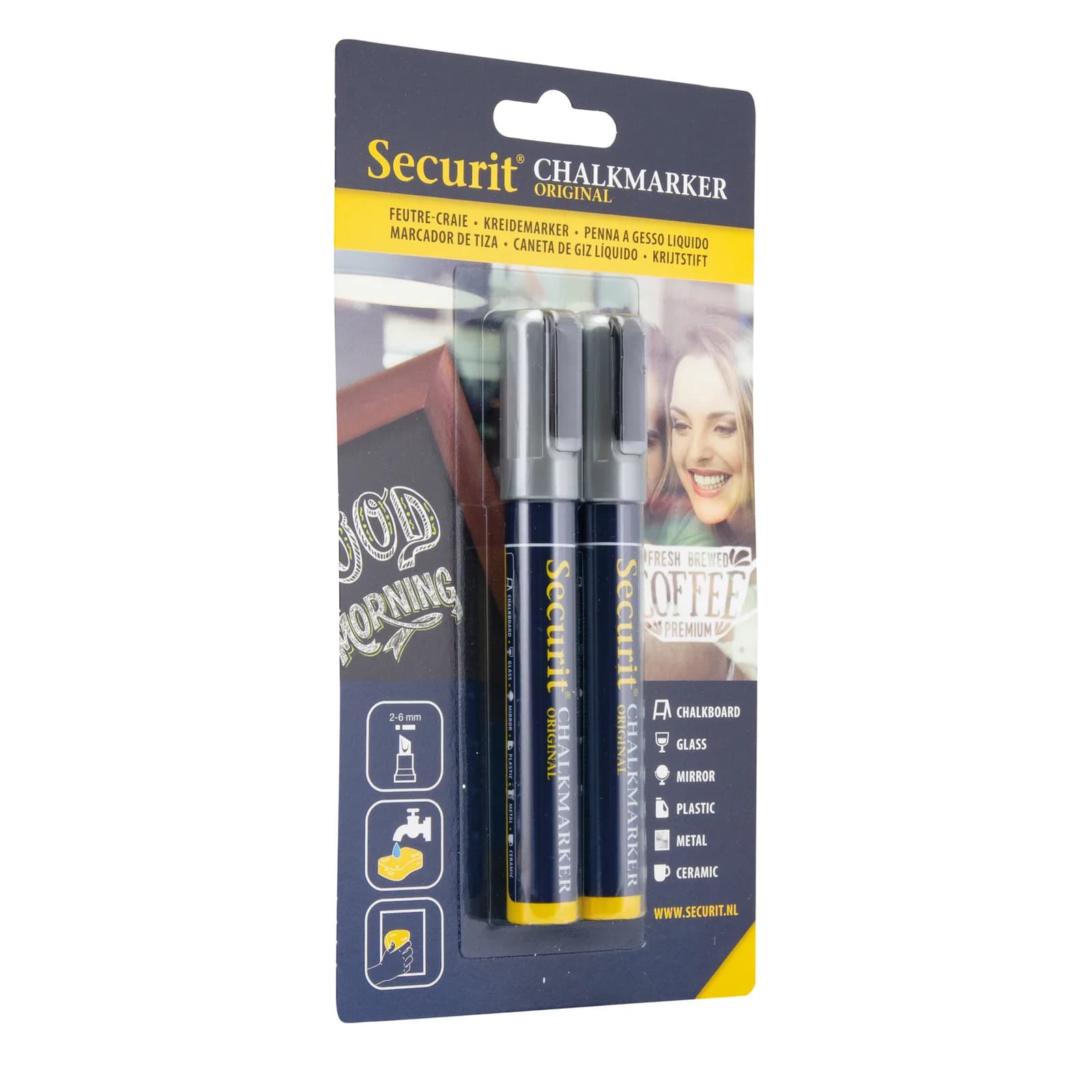 Securit® Lot de 2 Feutres-craie à encre liquide - Argenté - Taille de mine 2-6mm biseautée