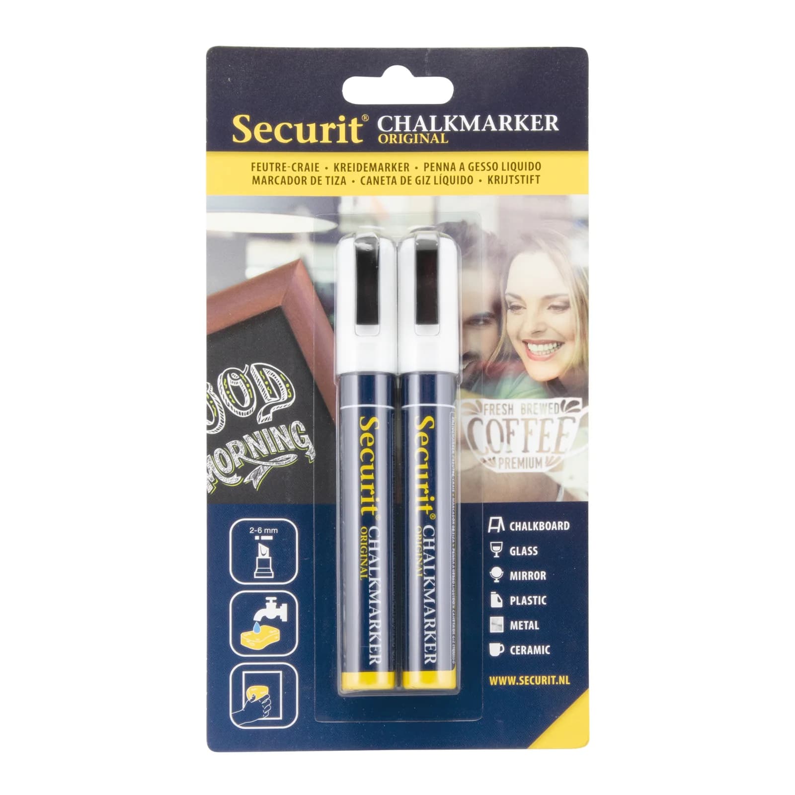 Securit® Lot de 2 Feutres-craie à encre liquide - Blanc - Taille de mine 2-6mm biseautée