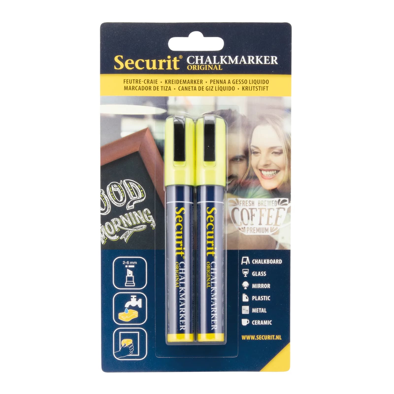 Securit® Lot de 2 Feutres-craie à encre liquide - Jaune - Taille de mine 2-6mm biseautée