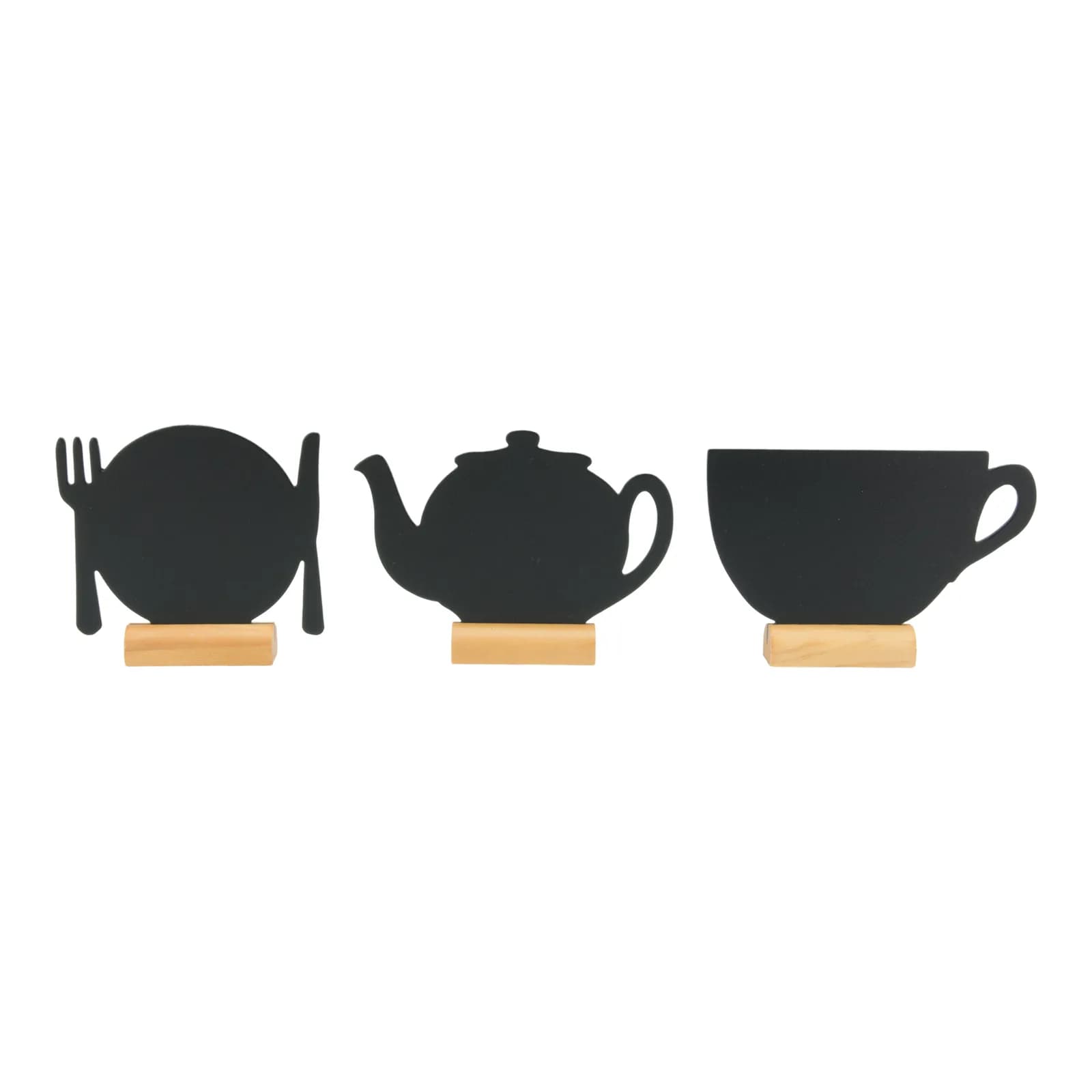 Securit® Lot de 3 Mini Ardoises de table - Silhouette Tasse / Théière / Assiette - Socle en bois - Feutre-craie inclus