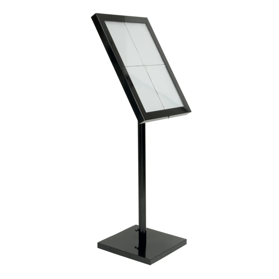 Securit® Présentoir porte-menu LED A4 "Black Star" - Acier vernis noir - Ensemble complet avec pied + socle - 4 vues