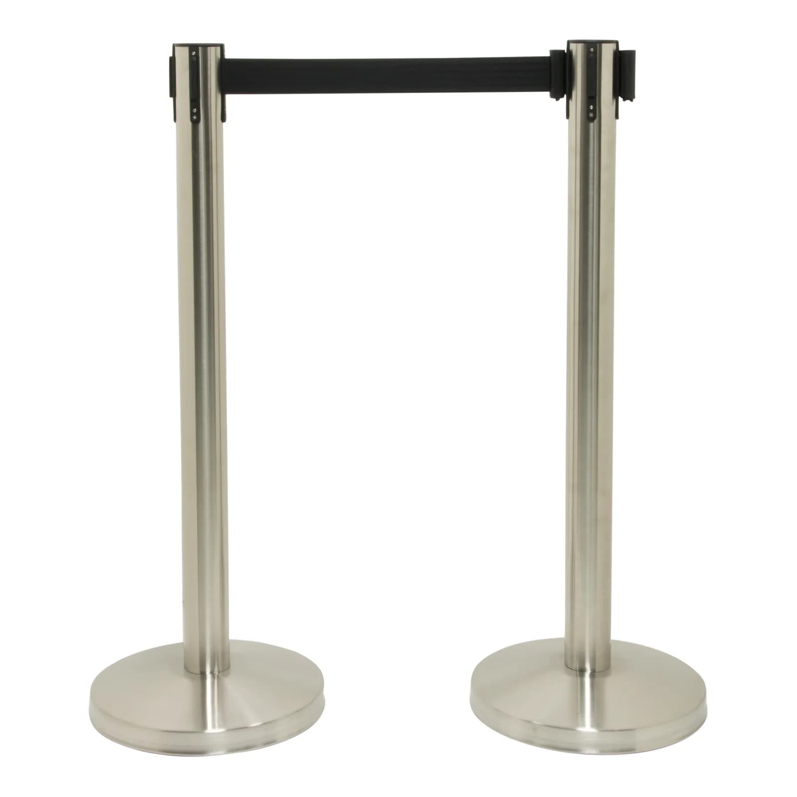Securit® Lot de 2 Poteaux d'accueil Rétractable - Chrome - 100cm - Bande nylon 200cm Noire - Ensemble complet pied + soc
