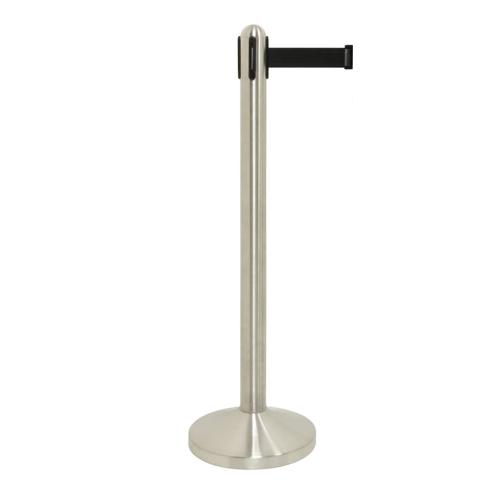 Securit® Poteau d'accueil Rétractable - Chrome - 100cm - Bande nylon 205cm Noire - Ensemble complet pied + socle