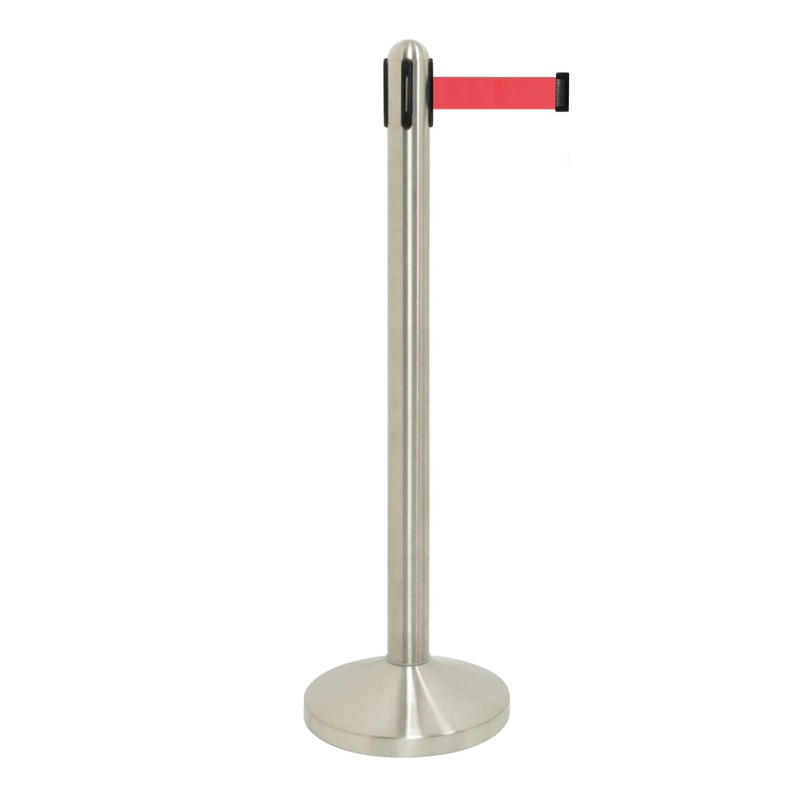 Securit® Poteau d'accueil Rétractable - Chrome - 100cm - Bande nylon 205cm Rouge - Ensemble complet pied + socle