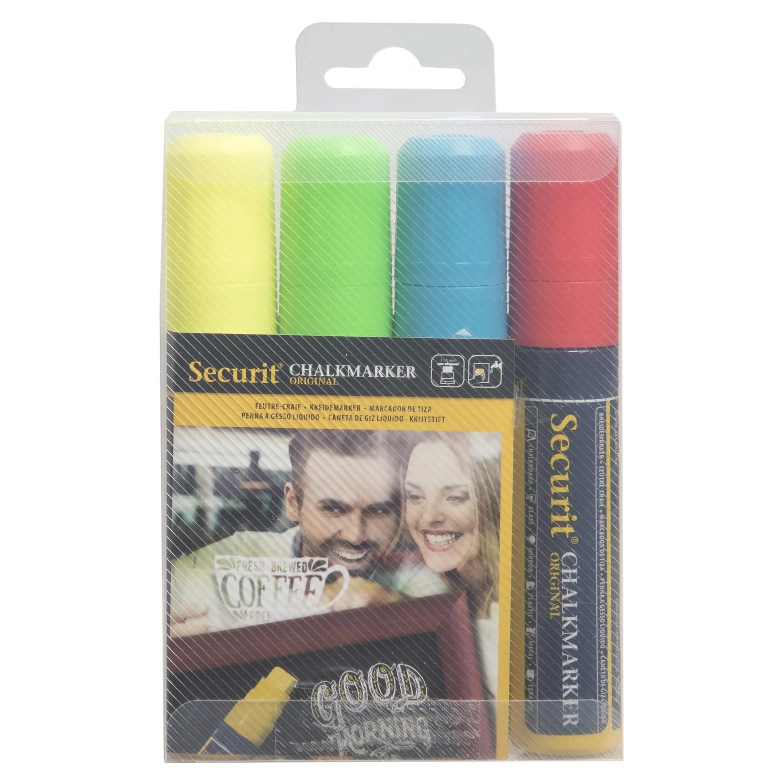 Securit® Lot de 4 Feutres-craie à encre liquide - Jaune, Vert, Bleu, Rouge - Taille de mine 7-15mm rectangulaire