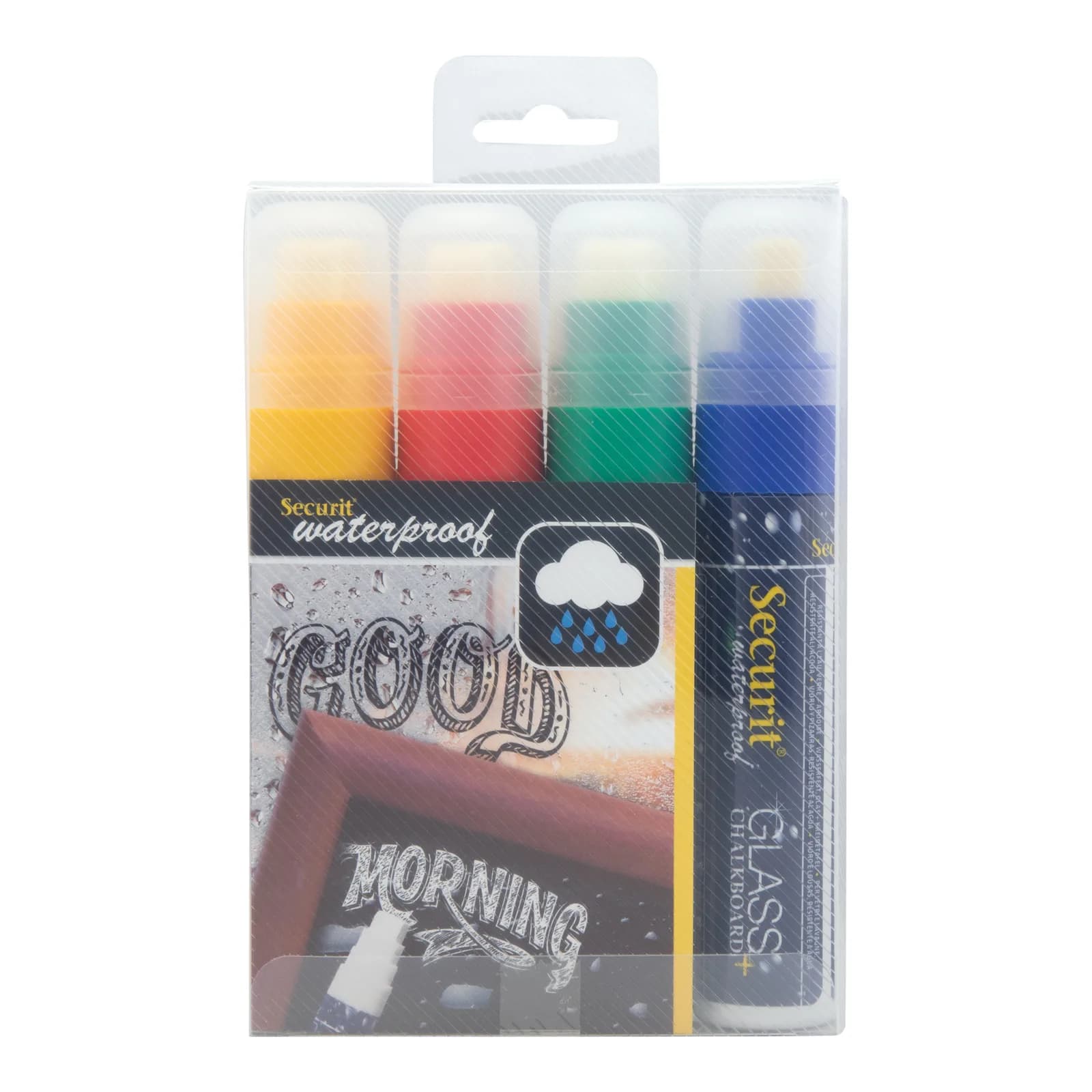 Securit® Lot de 4 Feutres-craie à encre liquide Waterproof - Jaune, Vert, Rouge, Bleu - Taille de mine 7-15mm rectangula