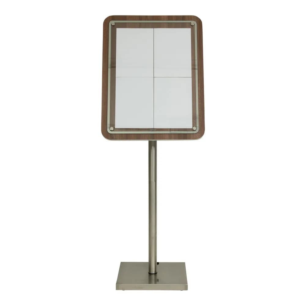 Securit® Présentoir porte-menu 4A4 "Glass Star" - Noyer - Pied (125 cm) + socle + roulettes