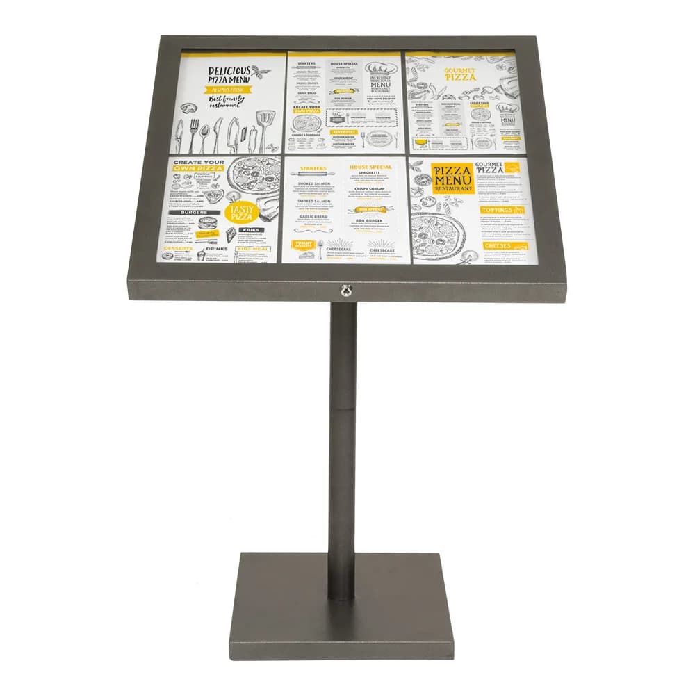 Securit® Présentoir porte-menu LED 6A4 "Coated Steel" - Gris - Pied (135 cm) + socle + roulettes