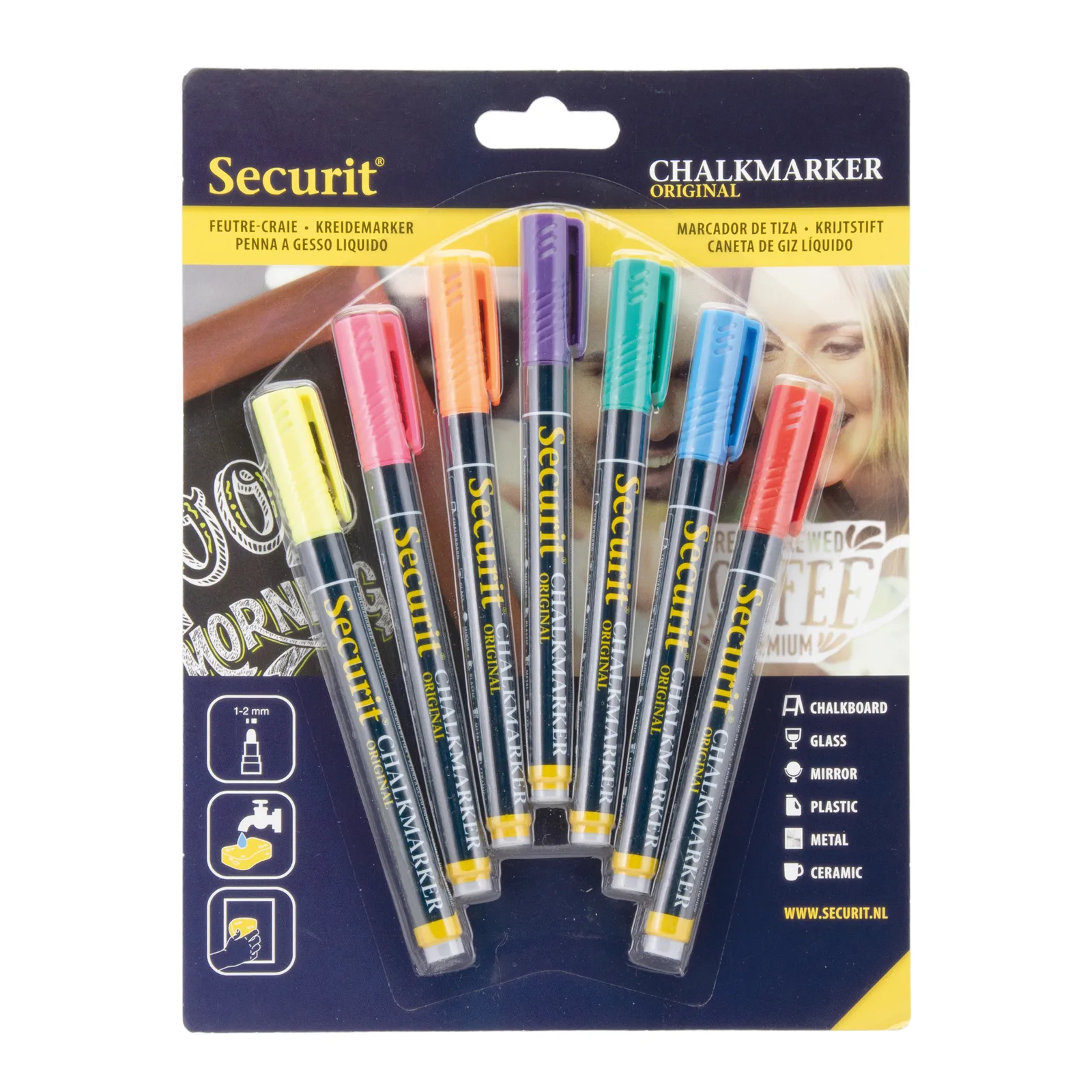 Securit® Lot de 7 Feutres-craie à encre liquide - Jaune, Rose, Orange, Violet, Vert, Bleu, Rouge - Taille de mine 1-2mm