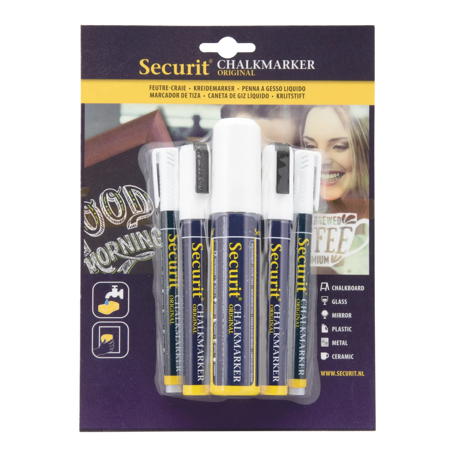 Securit® Lot de 5 Feutres-craie à encre liquide - Blanc - 1 Feutre taille de mine 7-15mm rectangulaire, 2 Feutres taille