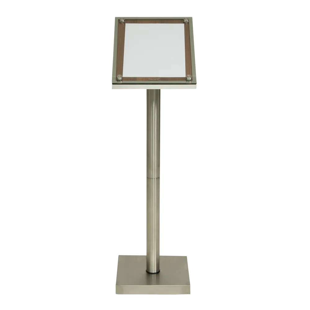 Securit® Présentoir porte-menu 1A4 "Glass Star" - Noyer - Pied (125 cm) + socle + roulettes